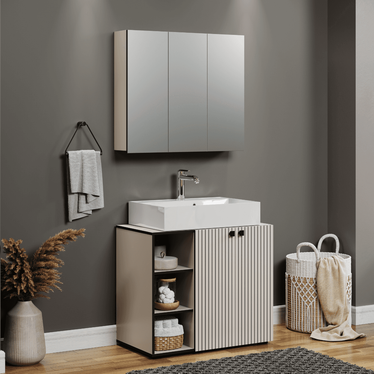 Armoire de toilette 3 portes miroir L90 cm - PUREBLISS - Calicosy