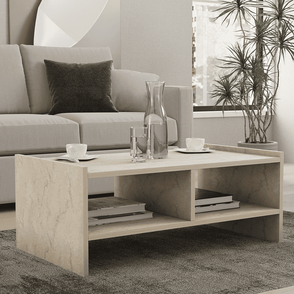 Table basse 2 niches ouvertes décor travertin L90 cm - PERA - Calicosy