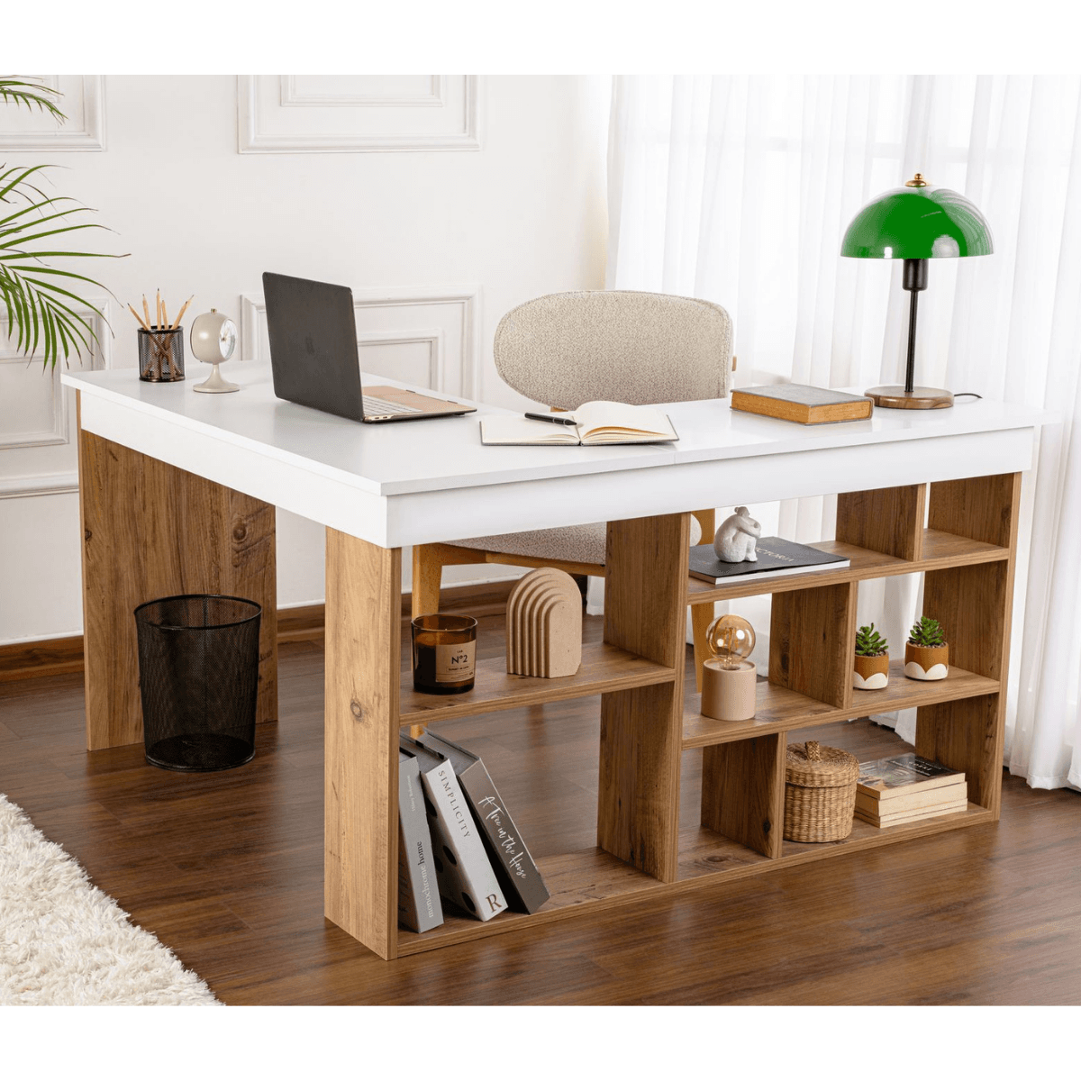 Bureau d'angle avec rangements décor blanc et pin atlantique L130 cm - VESPER - Calicosy