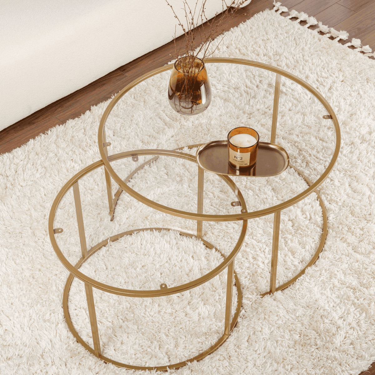 Lot de 2 tables basses gigognes rondes avec plateau en verre D80 cm - AURUM - Calicosy