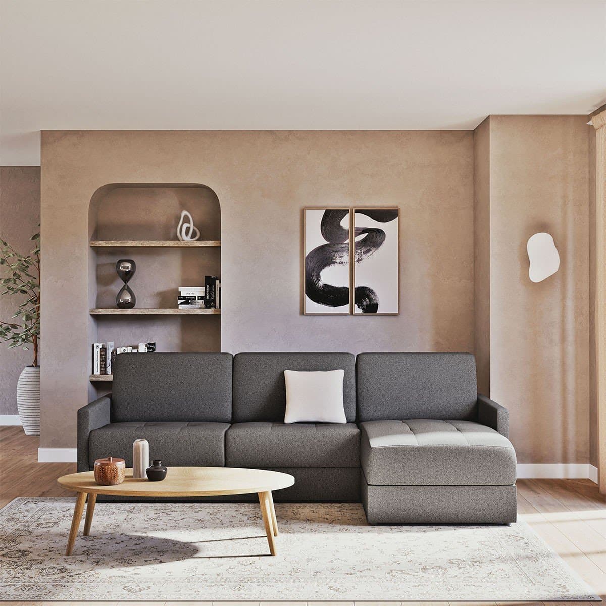 Canapé lit d'angle 3 places en tissu avec coffre et matelas 14cm - BELLUNO - Calicosy