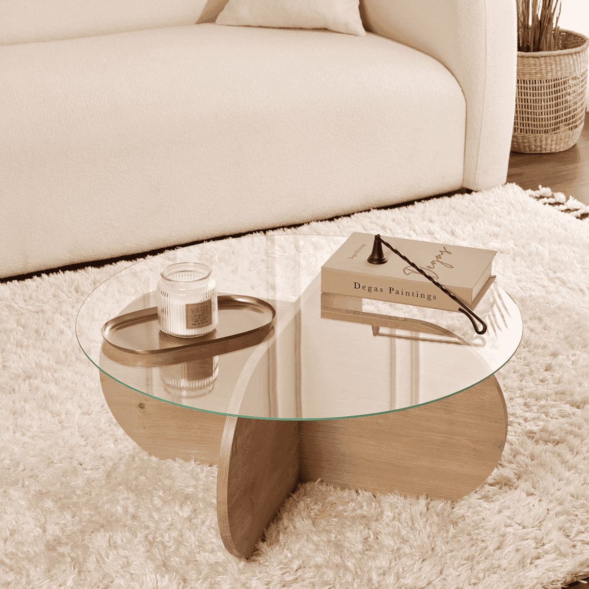 Table basse avec pieds croisés et plateau en verre trempé D75 cm - AERIS - Calicosy