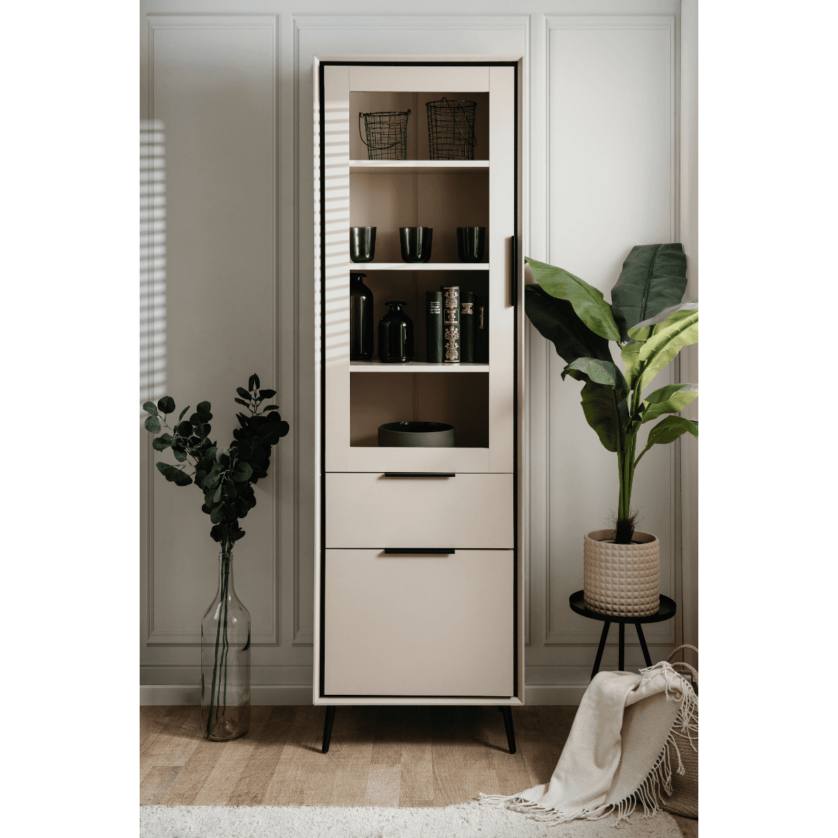 Buffet haut 1 porte vitrée, 1 porte et 1 tiroir cappucino et noir L60cm - ARONA - Calicosy
