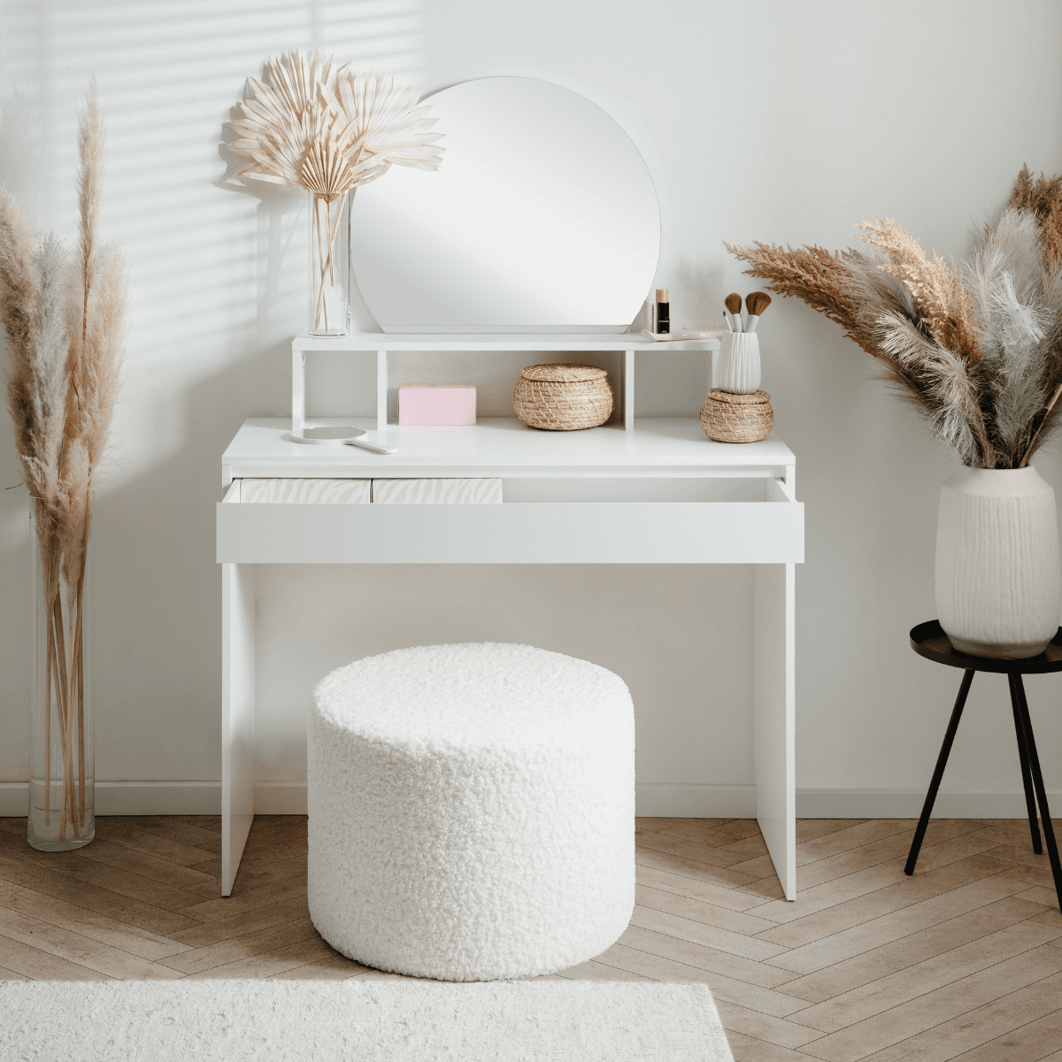 Coiffeuse 1 miroir arrondi, 3 niches supérieures et 1 grand tiroir L100cm - IMAGE - Calicosy