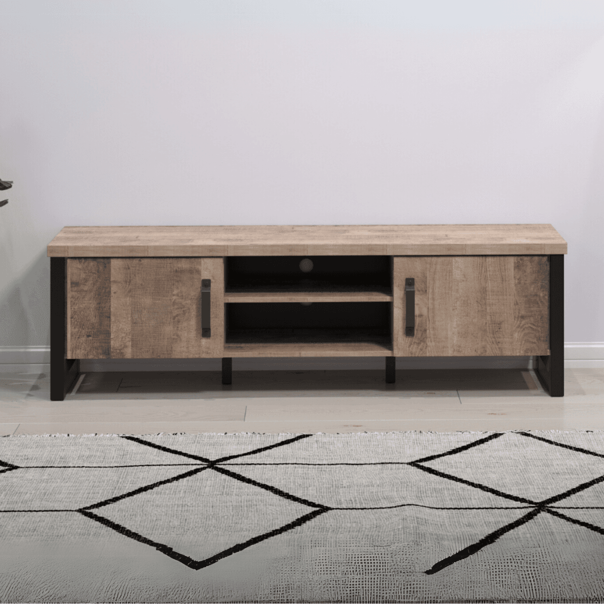 Meuble TV 2 portes, 2 niches et 2 ouvertures passe-câbles L166 cm - EMILE - Calicosy