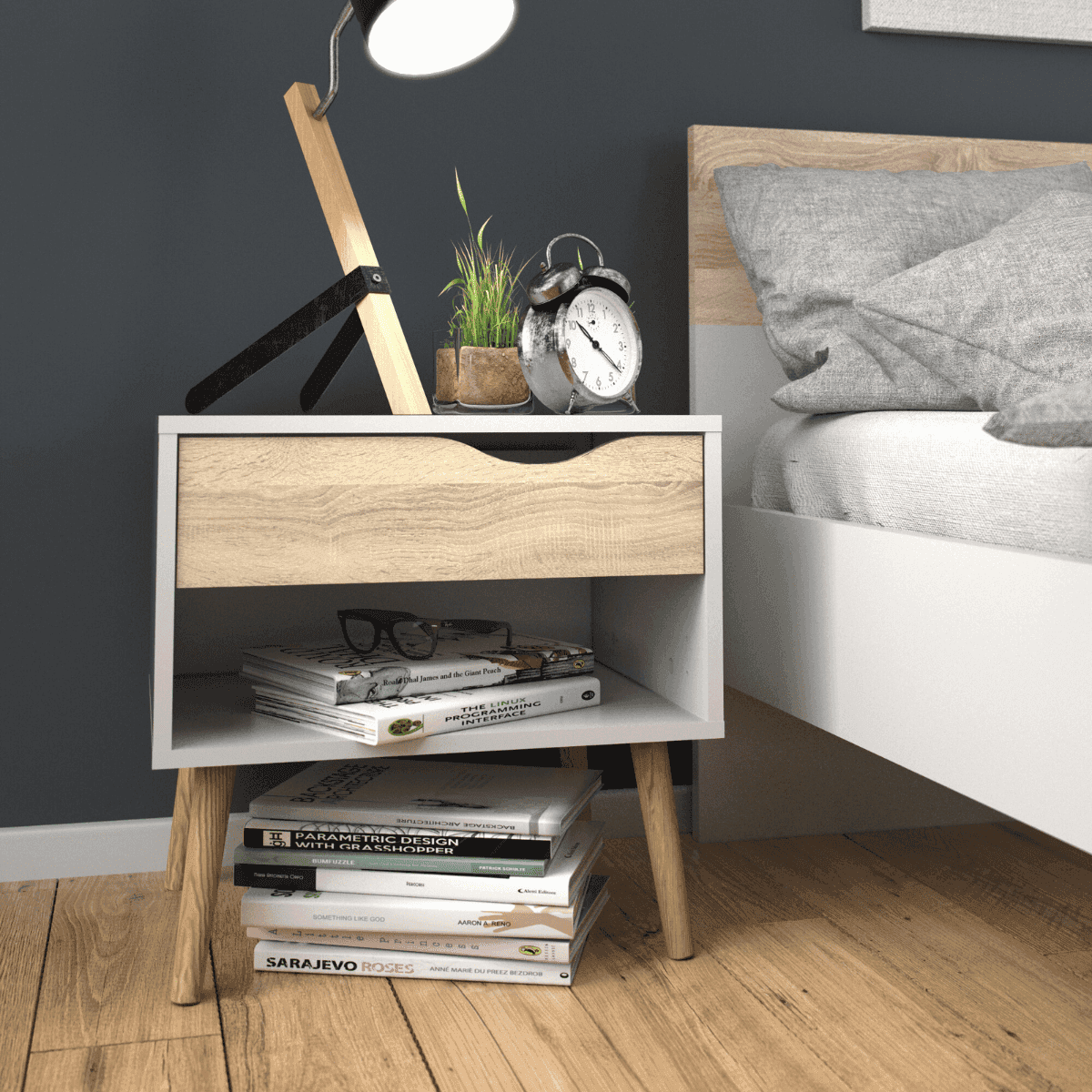 Table de chevet 1 tiroir, 1 niche blanc et décor chêne L50,2 cm - BILLUND - Calicosy