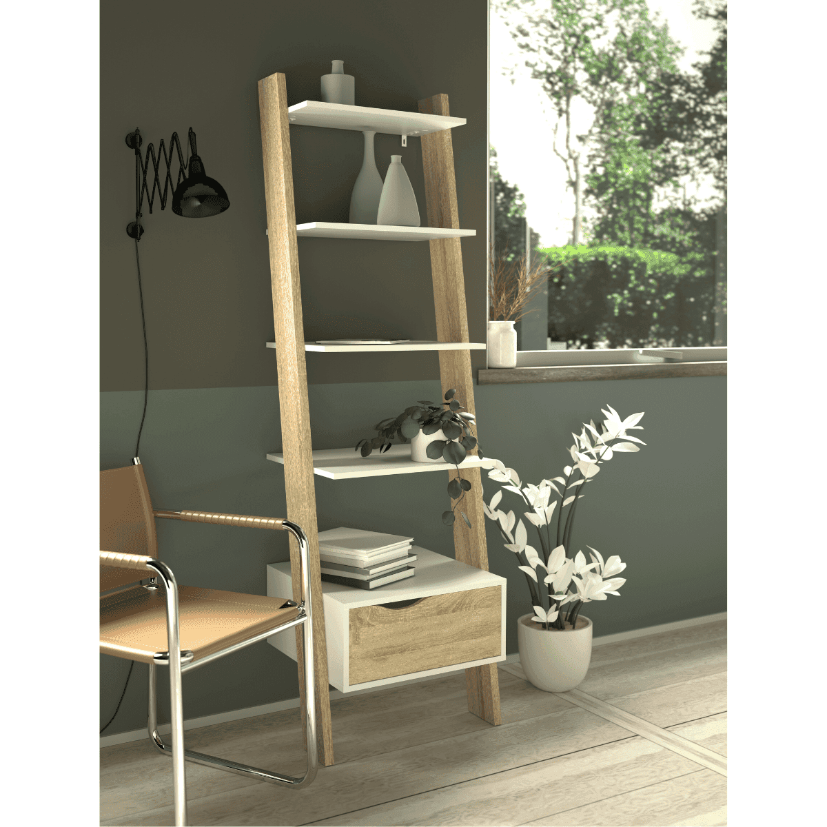 Bibliothèque 4 étagères, 1 tiroir blanc et décor chêne H180,4 cm - BILLUND - Calicosy