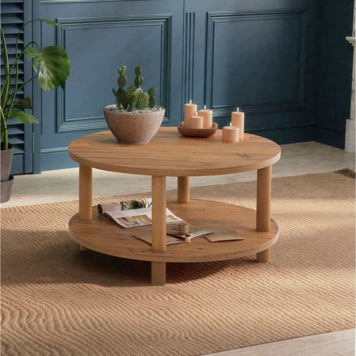 Table basse ronde 2 niveaux décor pin atlantique D70 cm - ROBY - Calicosy