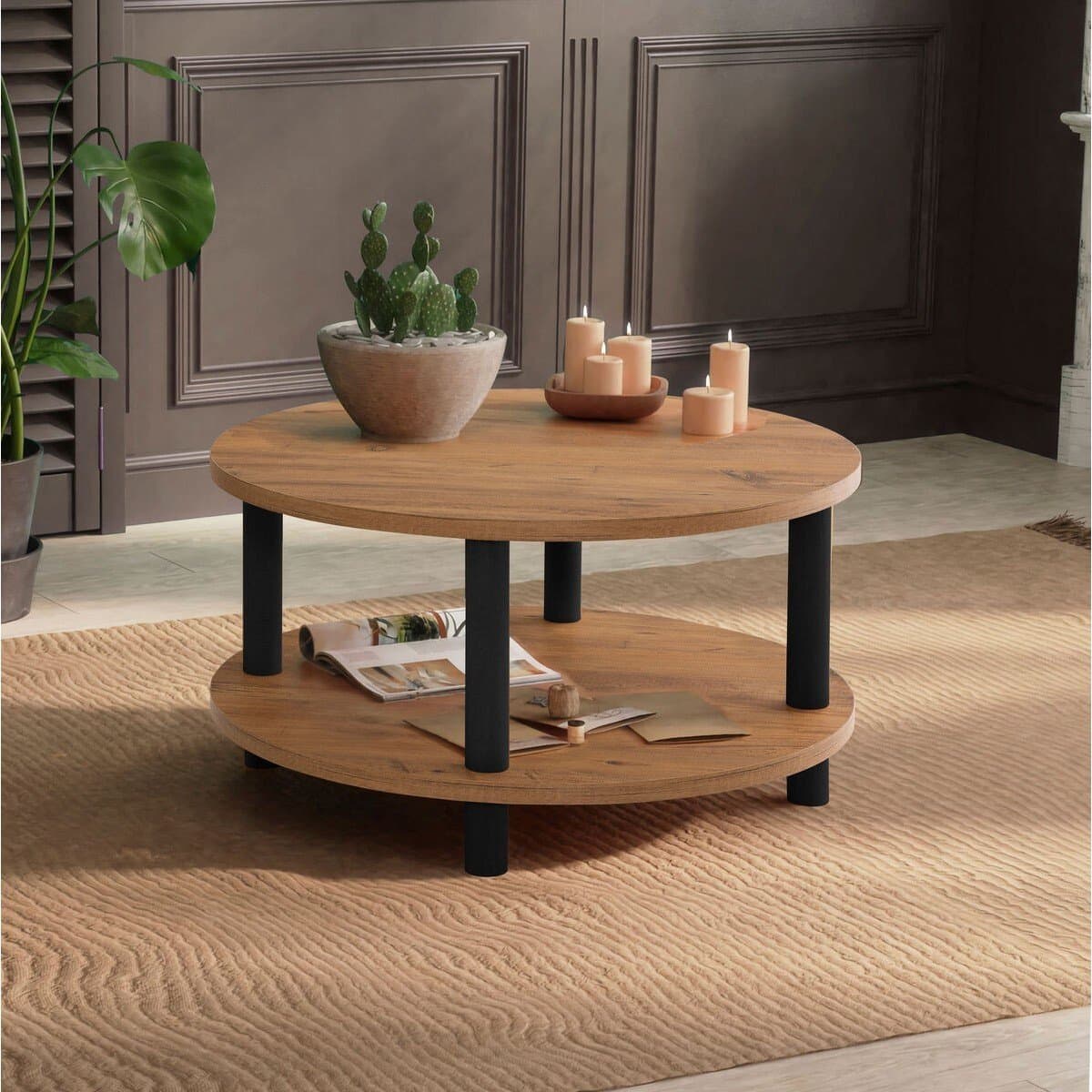 Table basse ronde 2 niveaux décor pin atlantique D70 cm - ROBY - Calicosy