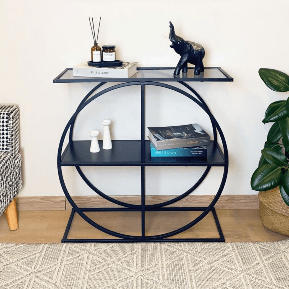 Console plateau en verre fumé et pied circulaire en Métal noir L80 cm - CLOUDY - Calicosy