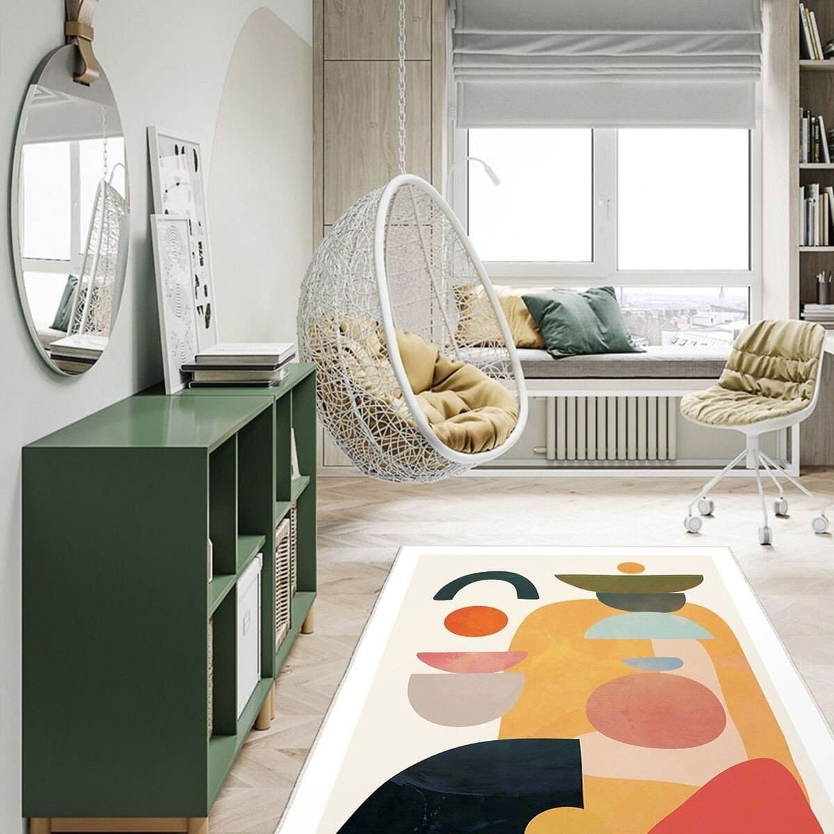 Tapis rectangulaire écru à motifs géométriques multicolores - WOOPAMUK - Calicosy