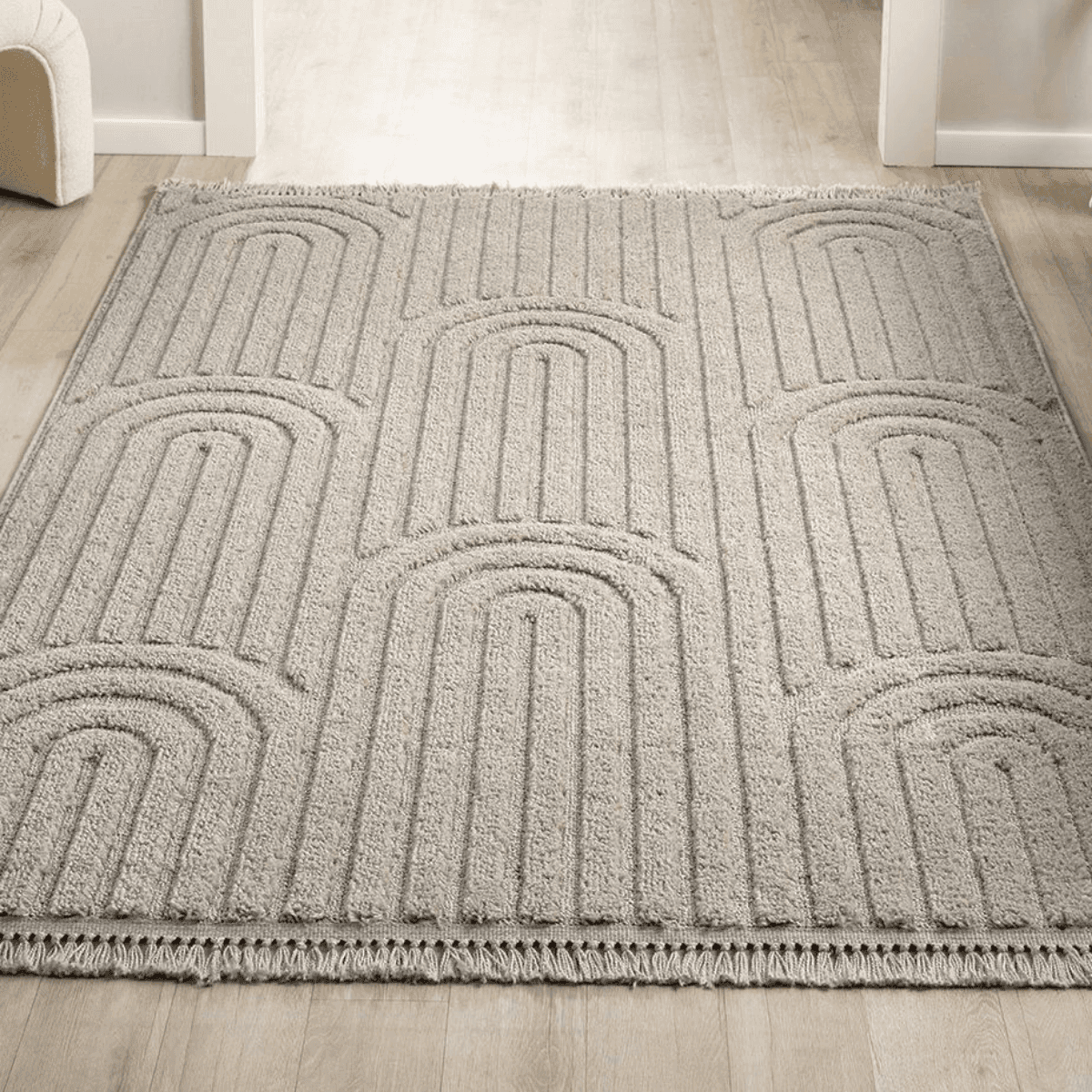 Tapis rectangulaire beige à motifs abstraits avec franges - JANEIRO - Calicosy