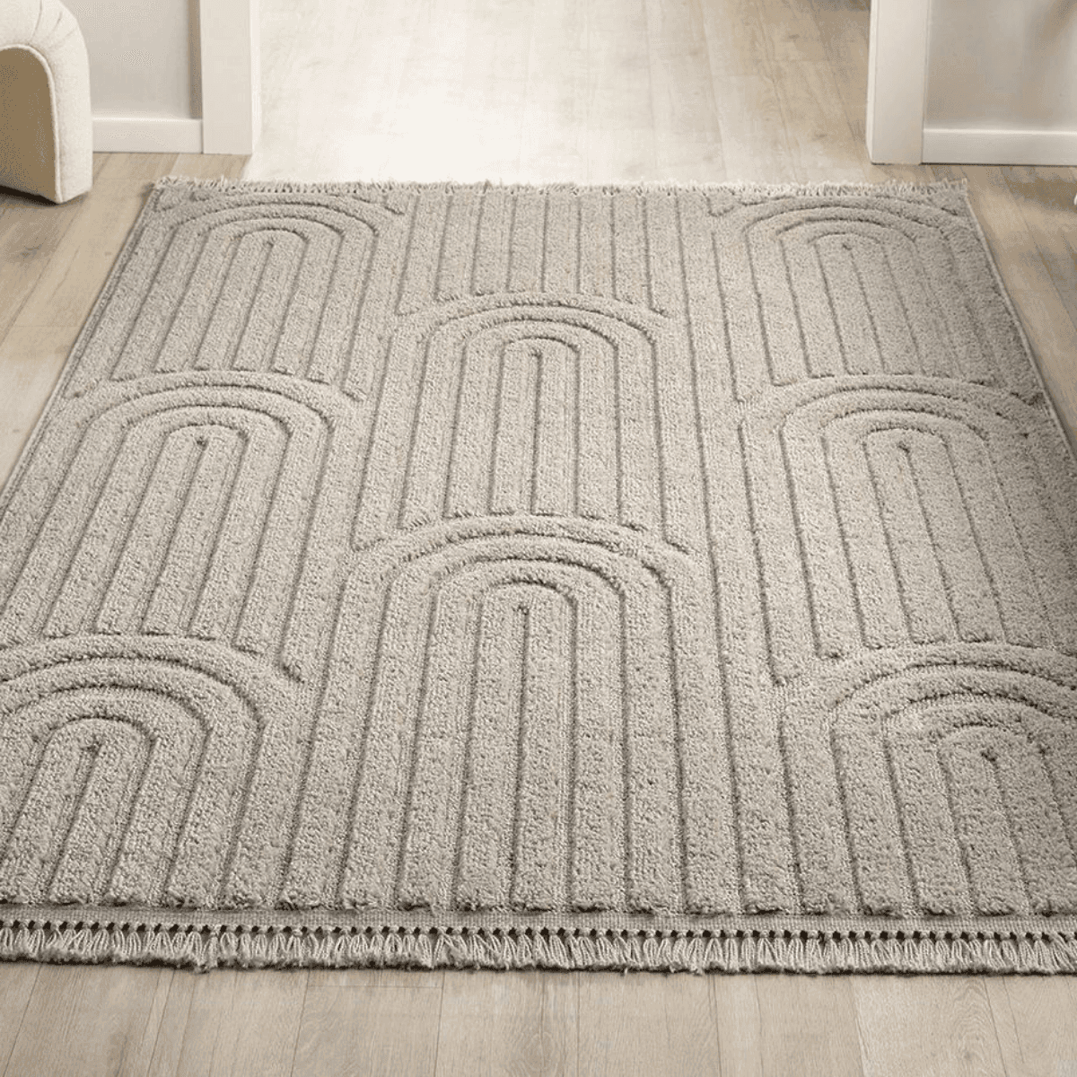 Tapis rectangulaire beige à motifs abstraits avec franges - JANEIRO - Calicosy