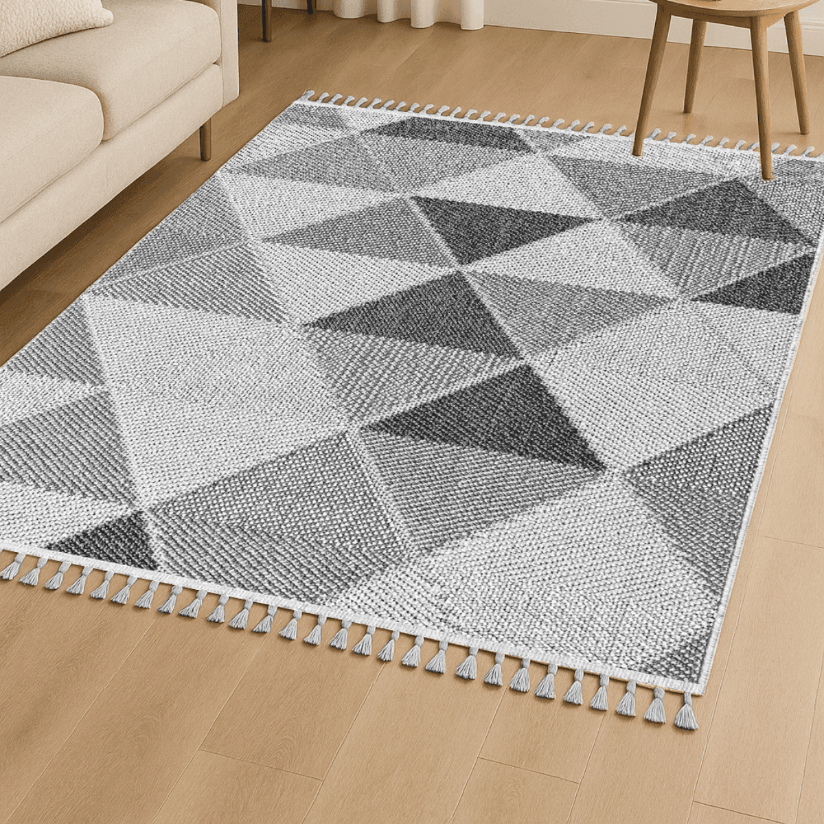 Tapis rectangulaire à motifs triangles gris - BUKLE - Calicosy