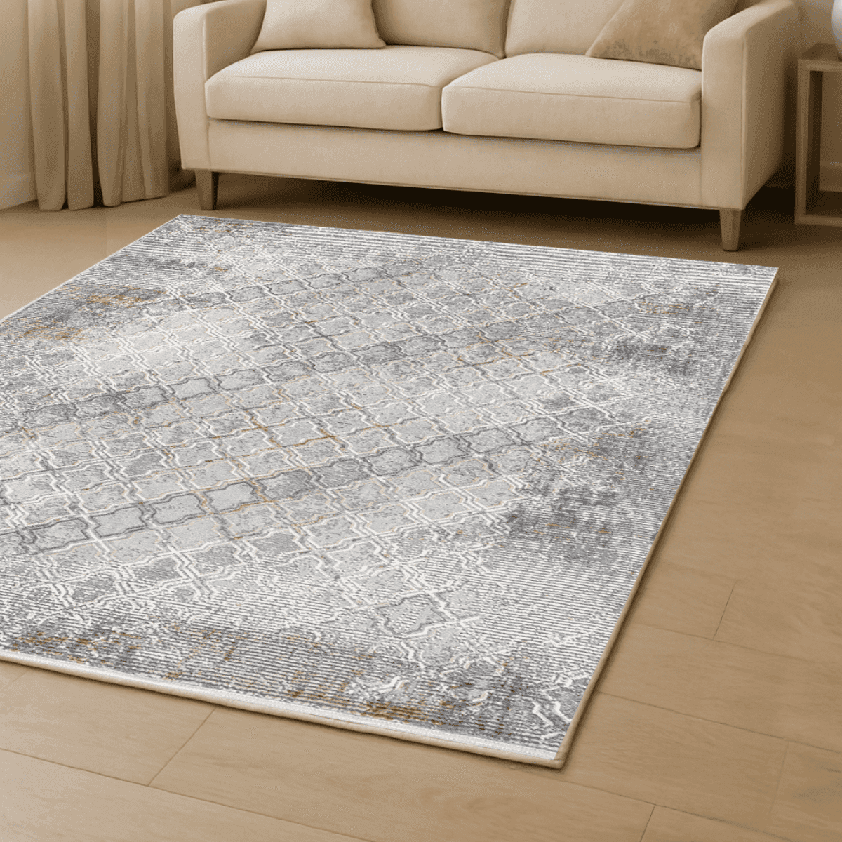 Tapis rectangulaire gris à motifs beiges et gris - VERONA - Calicosy