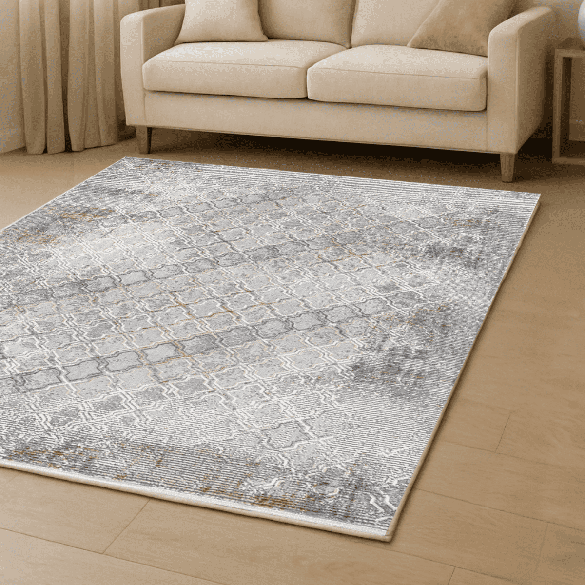 Tapis rectangulaire gris à motifs beiges et gris - VERONA - Calicosy