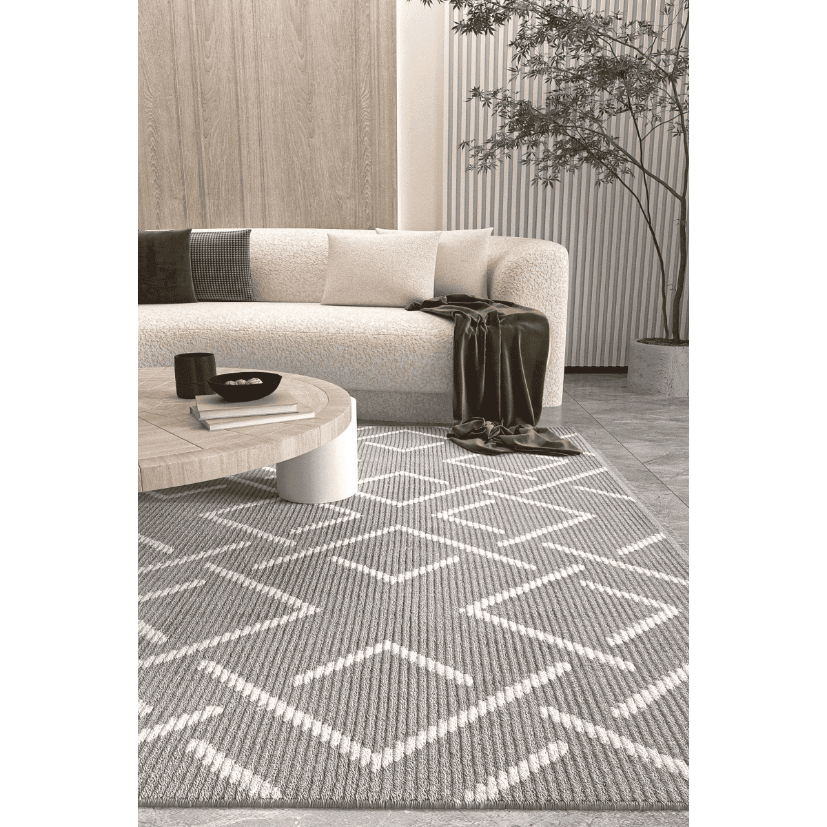 Tapis rectangulaire gris foncé à motifs géométriques écru - VETRINA - Calicosy