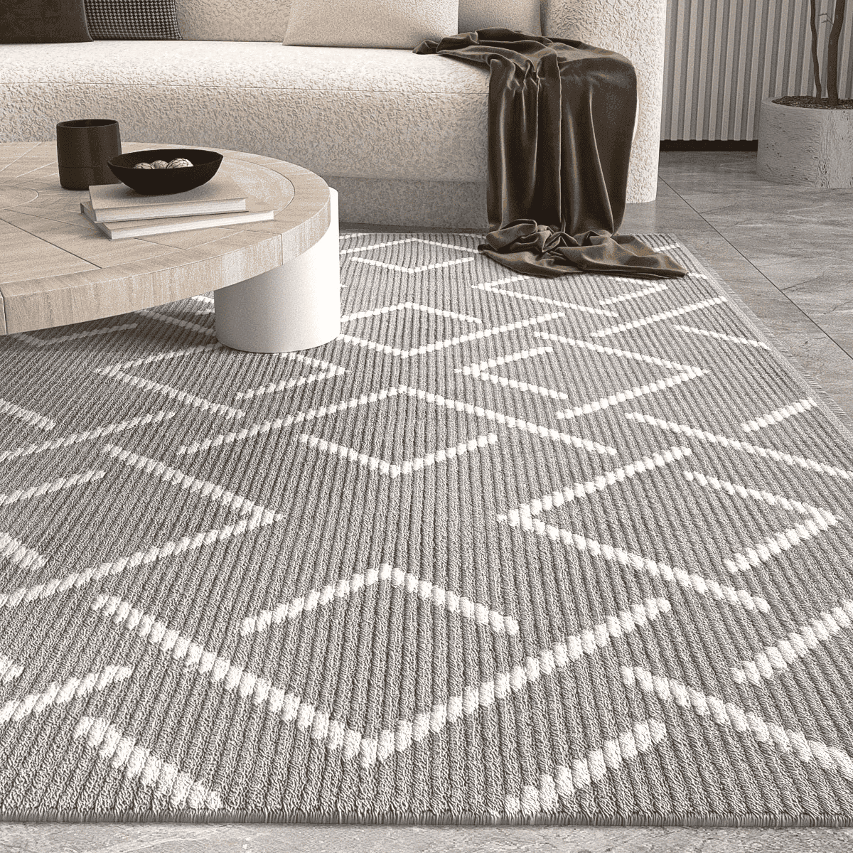 Tapis rectangulaire gris foncé à motifs géométriques écru - VETRINA - Calicosy