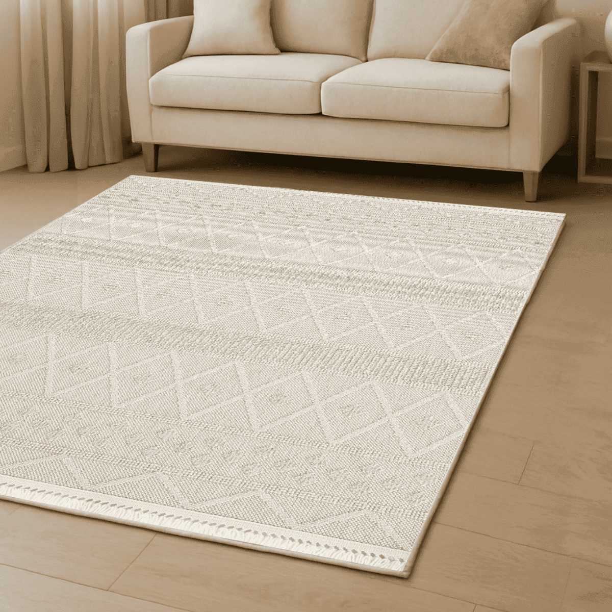Tapis rectangulaire beige et écru à motifs géométriques - HASIR - Calicosy