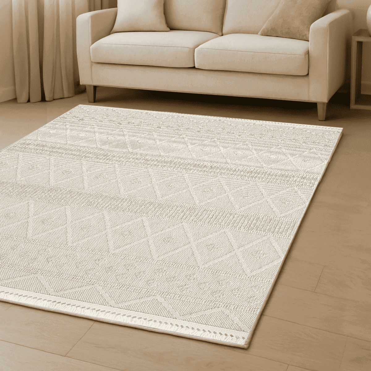 Tapis rectangulaire beige et écru à motifs géométriques - HASIR - Calicosy