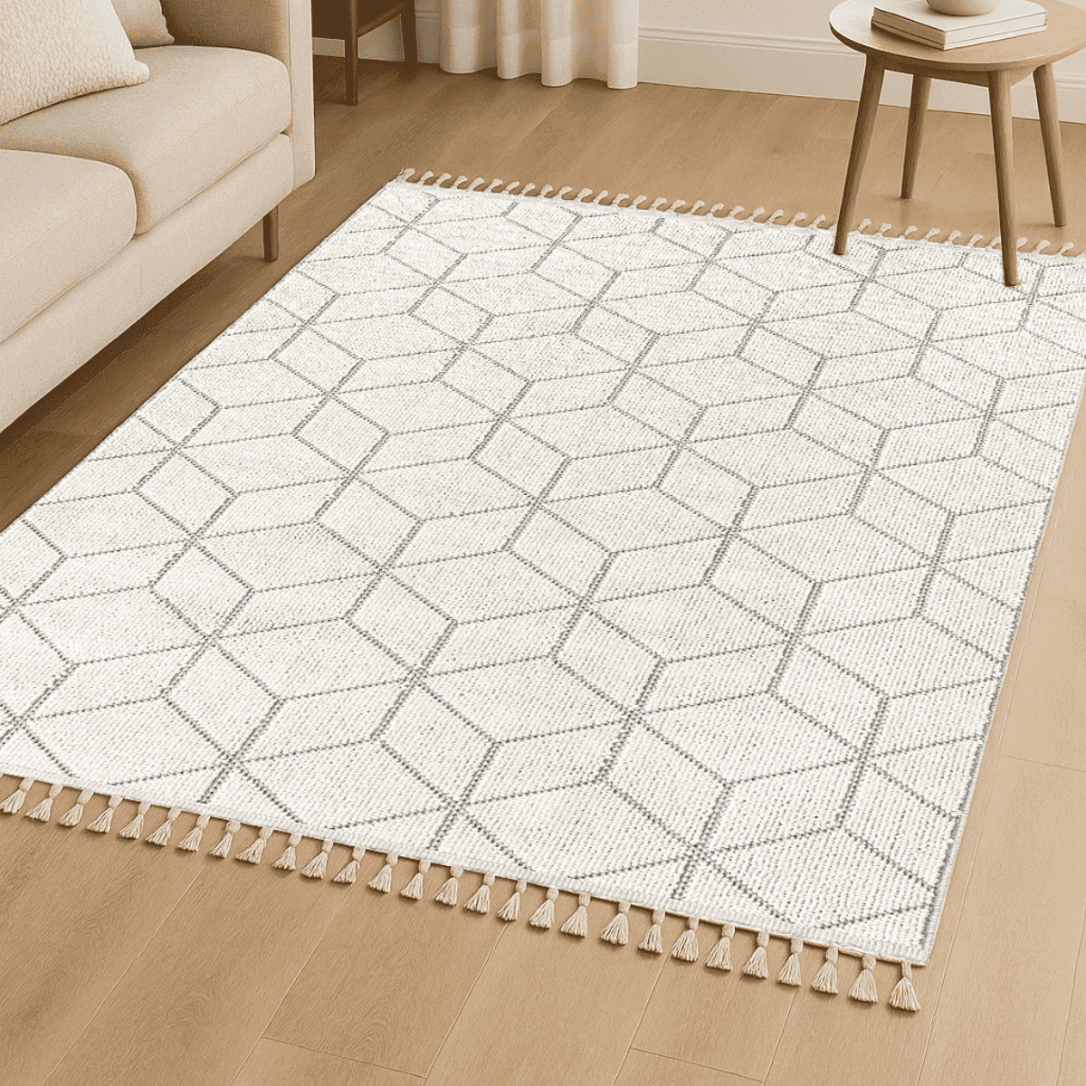 Tapis rectangulaire écru à motifs géométriques noirs - BUKLE - Calicosy
