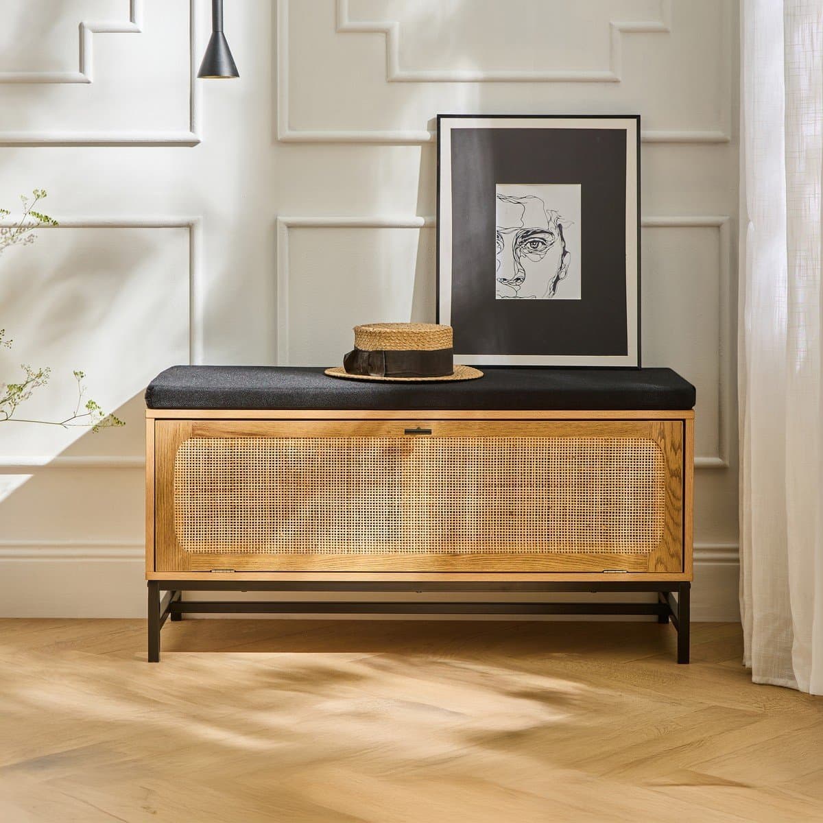 Banc d'entrée avec rangements, façade en rotin L100 cm - JAYA - Calicosy