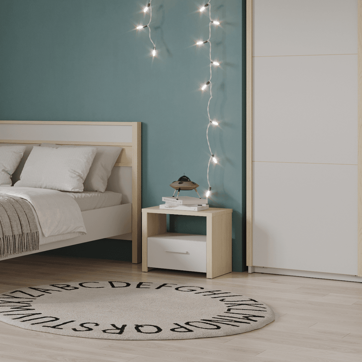 Chevet 1 tiroir et 1 niche dĂ©cor blanc et chĂȘne de fil L47,6 cm - HEVA - Calicosy