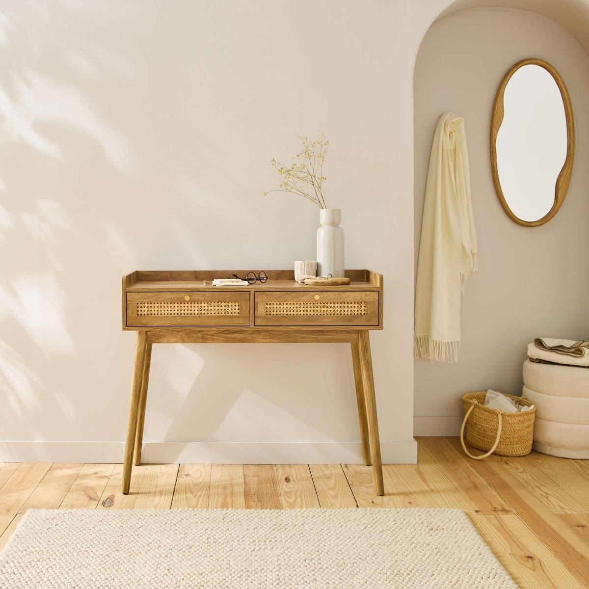 Console 2 tiroirs avec façades en rotin PALMO - Calicosy