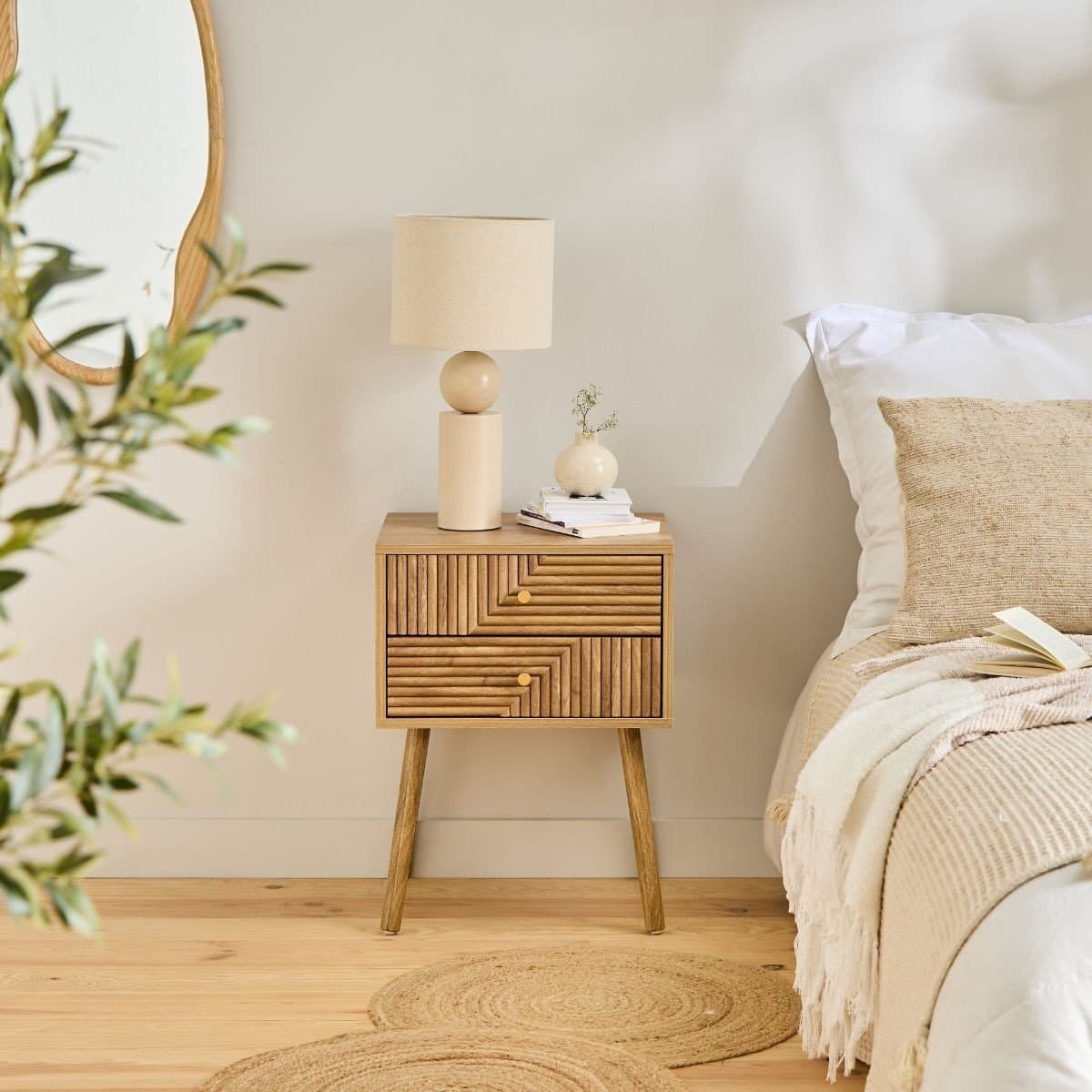 Chevet 2 tiroirs avec façades lamellées EDEN - Calicosy