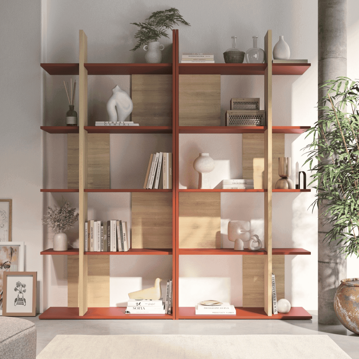 Bibliothèque ouverte décor ocre et chêne - EPURA - Calicosy