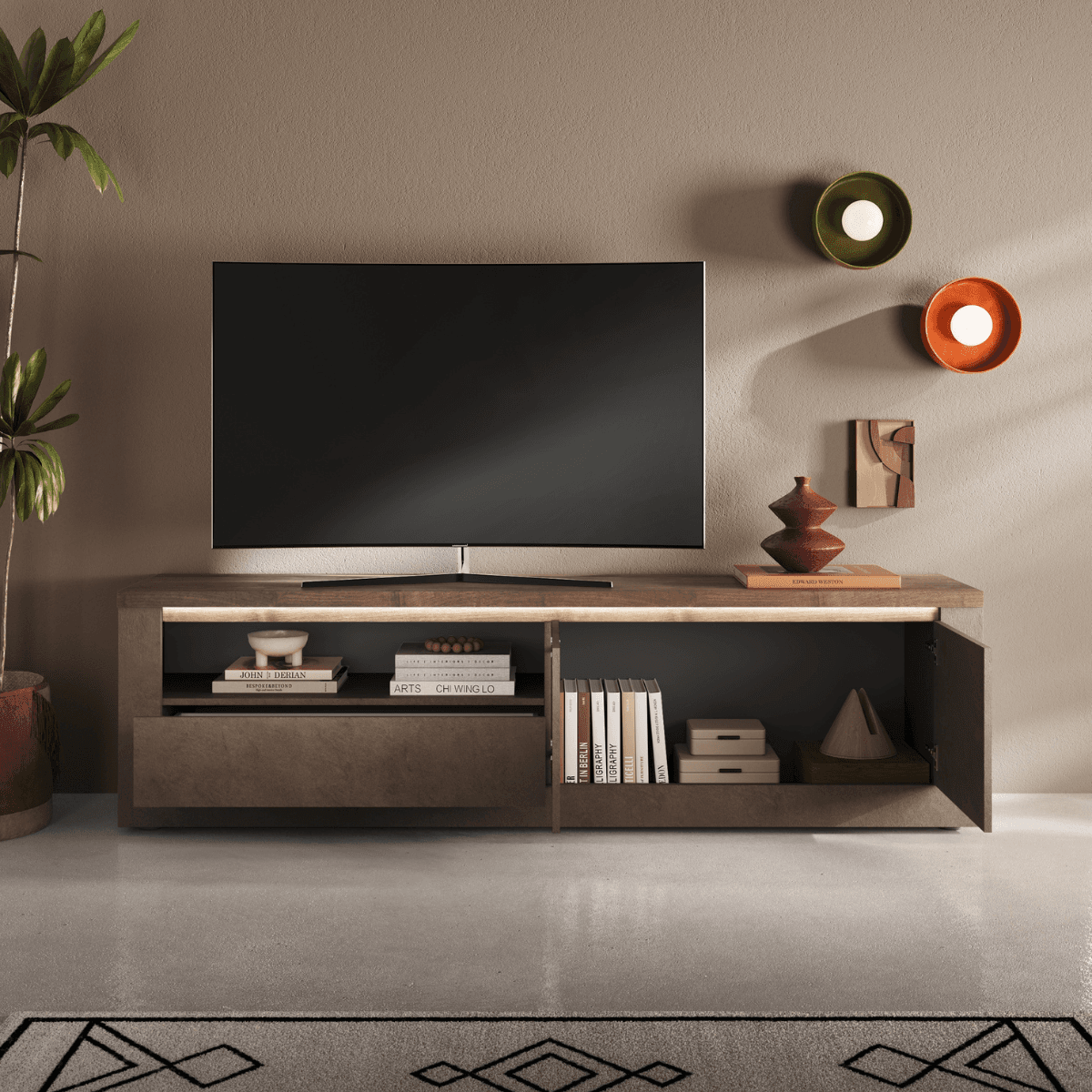 Meuble TV 2 portes, 1 tiroir et 1 niche effet bronze et mercure L207 cm - ISCHIA - Calicosy