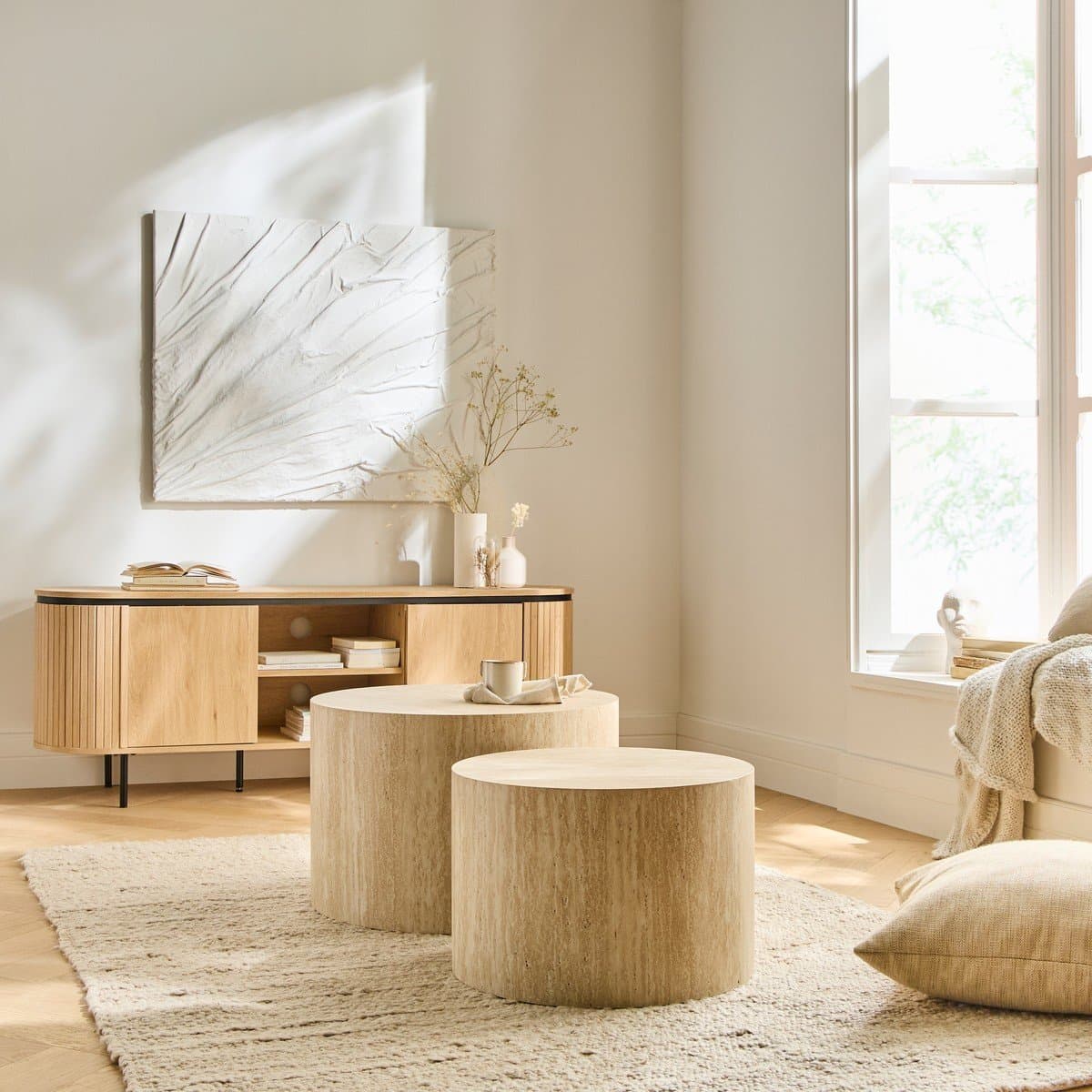 Lot de 2 tables basses rondes empilables décor travertin - MAIA - Calicosy