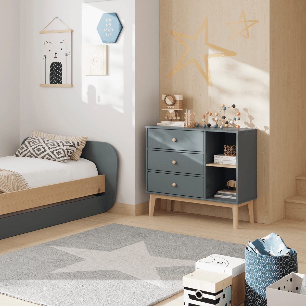 Commode 3 tiroirs et 2 niches ouvertes L90 cm - SIMON - Calicosy