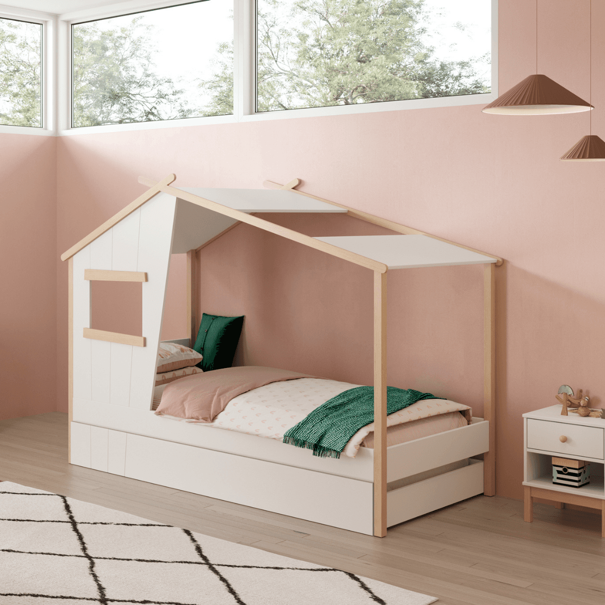 Lit cabane avec toit et fenêtre 90x190 cm MARIA - Calicosy