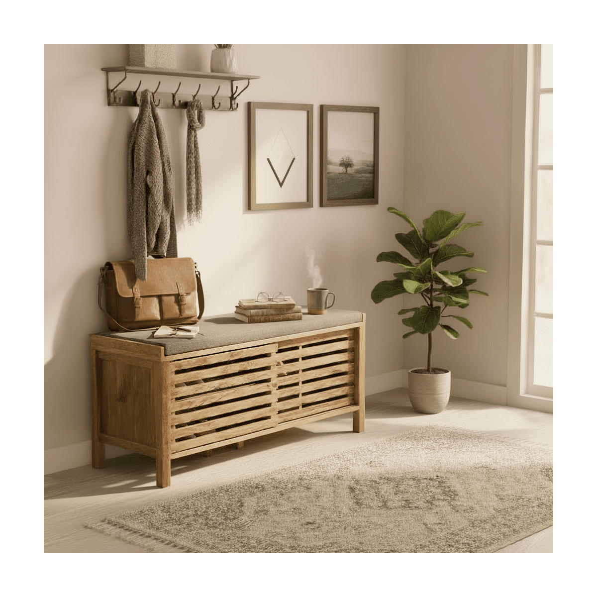 Banc à chaussures 2 portes coulissantes à lames ajourées L112 cm LIAM - Calicosy