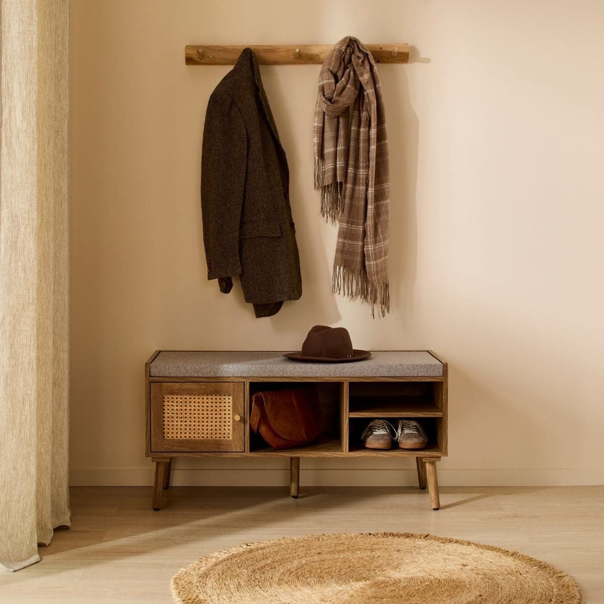 Banc à chaussures 1 porte avec façade en rotin L100 cm PALMO - Calicosy