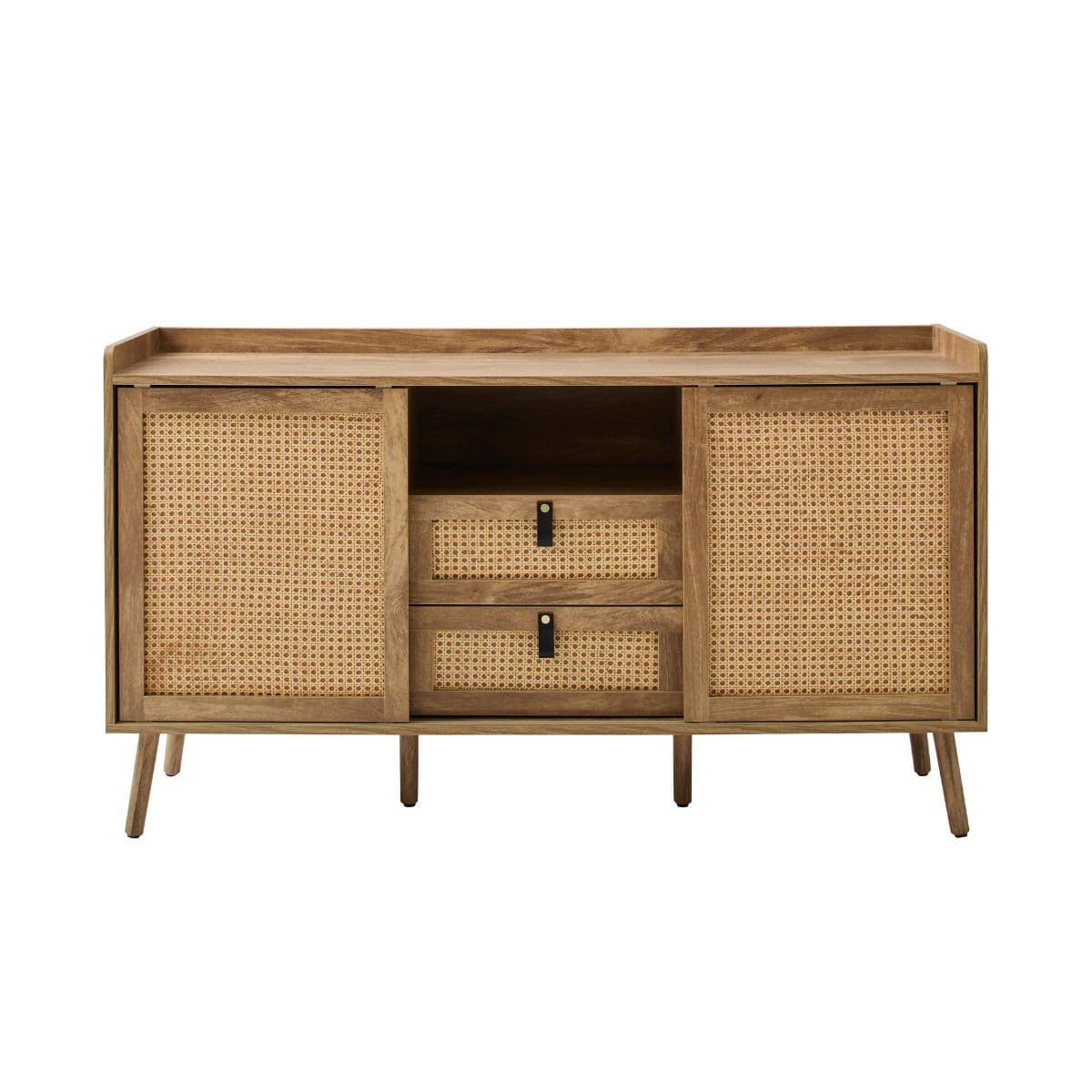 Buffet 2 portes et 2 tiroirs avec façades en rotin L140 cm PALMO - Panneaux de particules - Calicosy