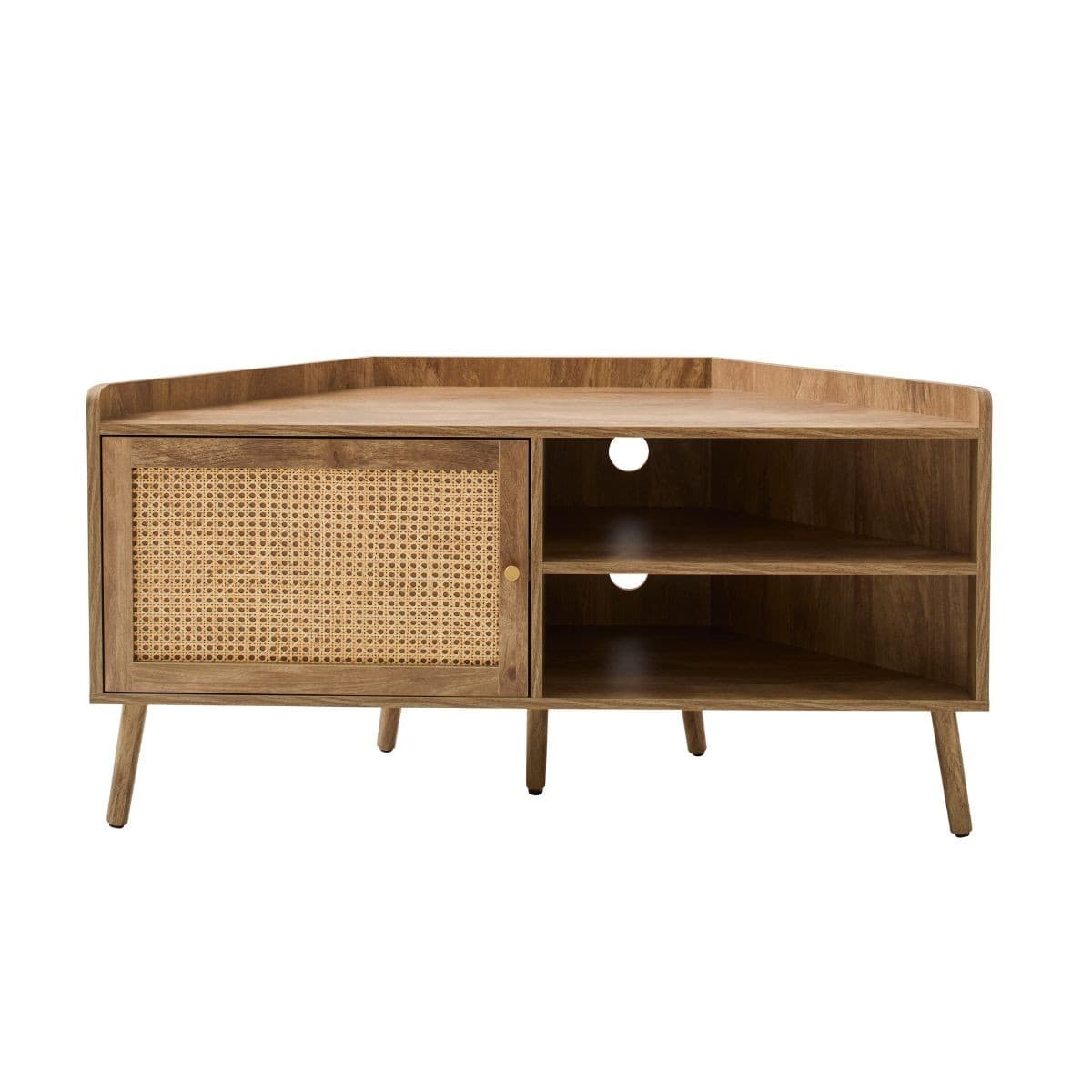 Meuble TV d'angle 1 porte avec façade en rotin L120 cm PALMO - Panneaux de particules - Calicosy