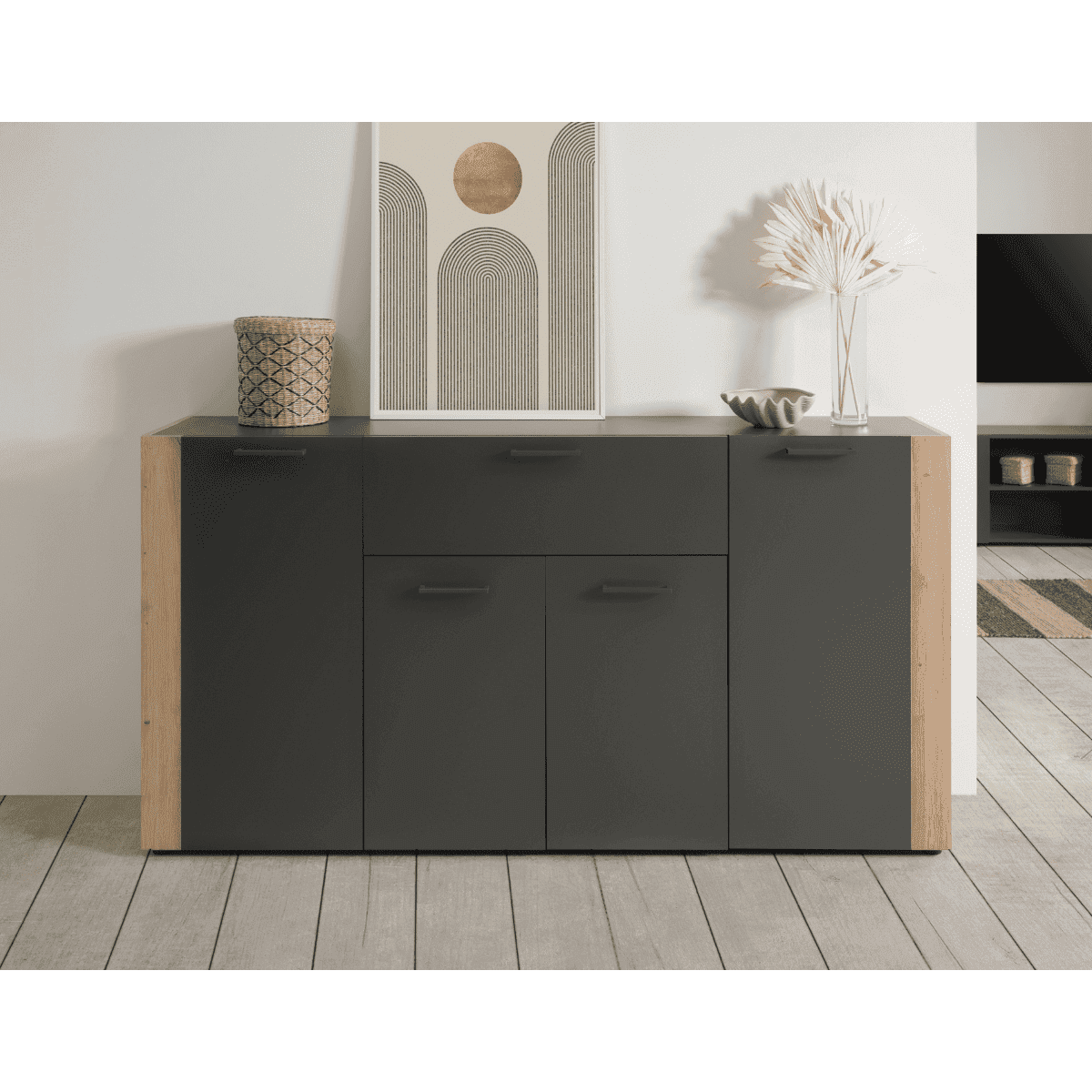 Buffet 4 portes 1 tiroir décor anthracite et chêne L162 cm LUMA - Calicosy