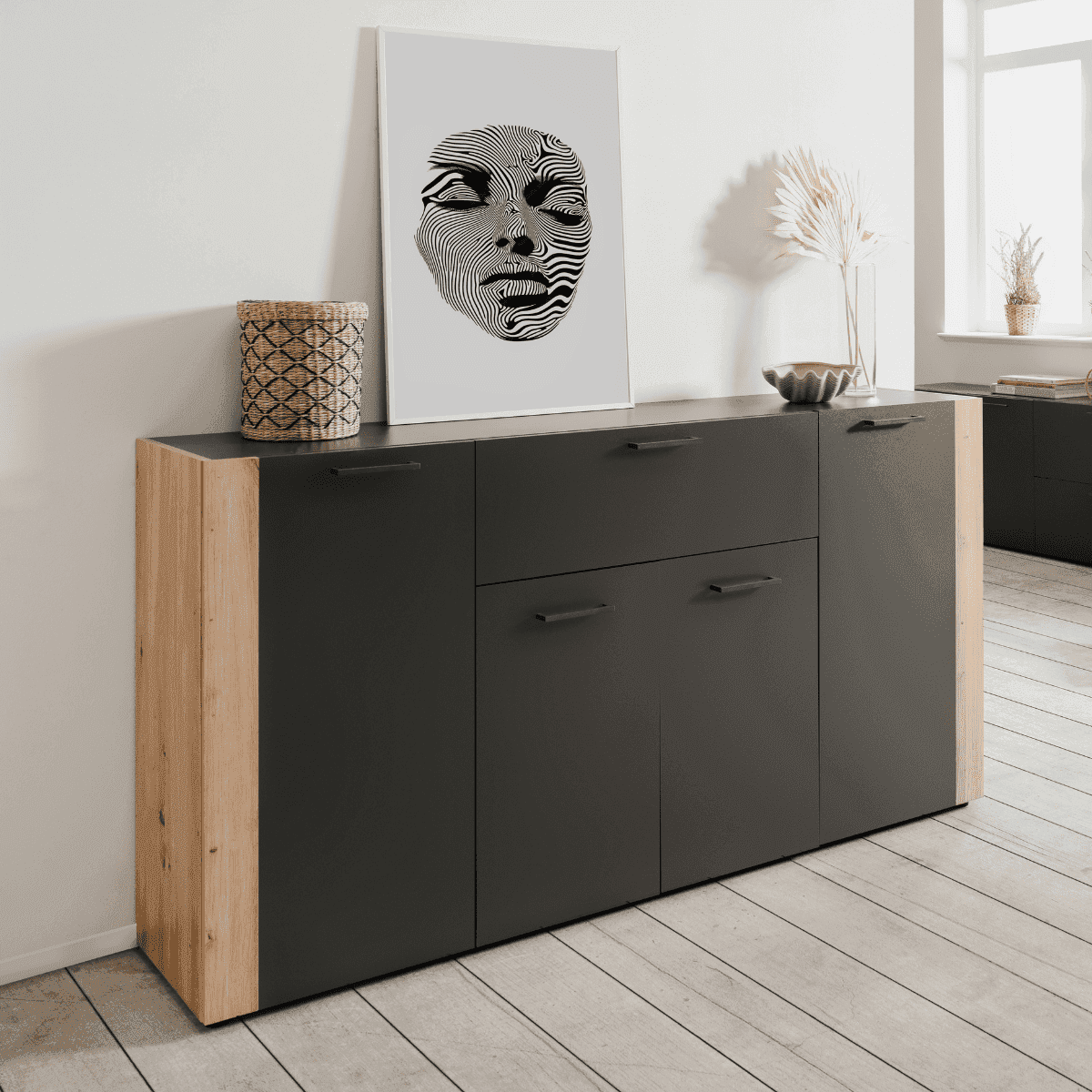 Buffet 4 portes 1 tiroir décor anthracite et chêne L162 cm LUMA - Calicosy