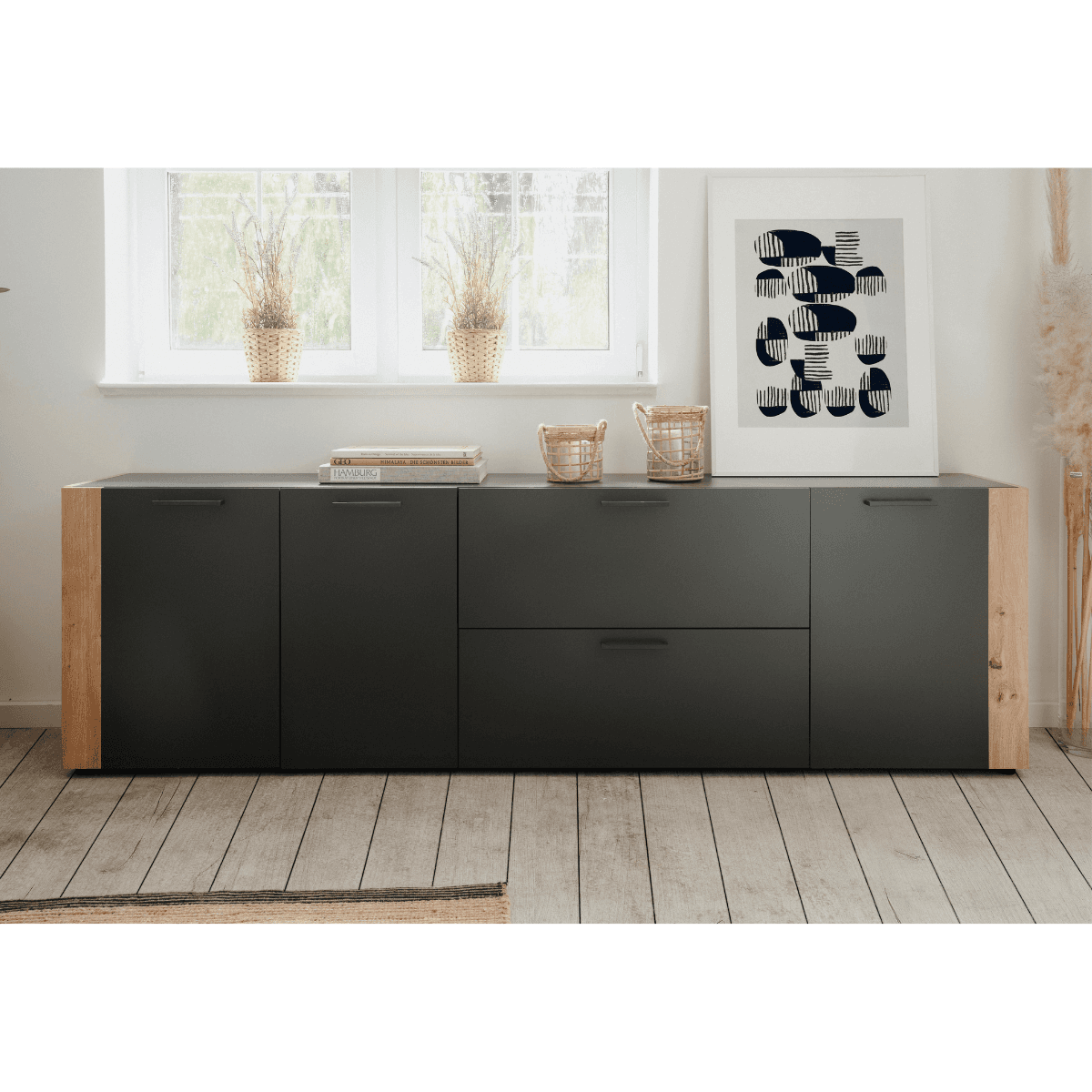 Buffet 3 portes 2 tiroirs décor anthracite et chêne L198 cm LUMA - Calicosy