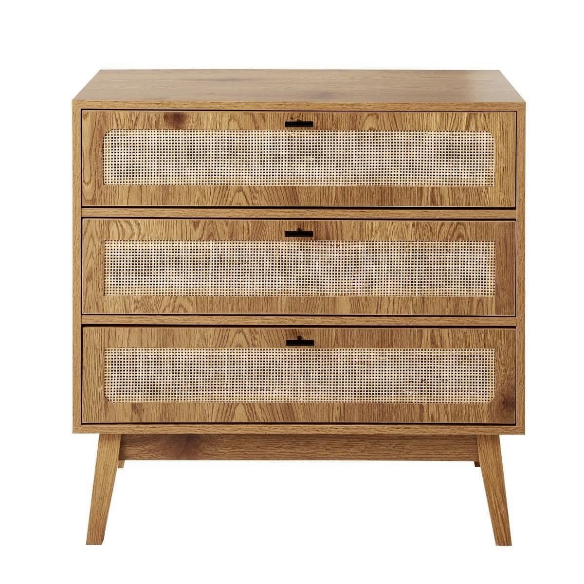 Commode 3 tiroirs avec façades en rotin et pieds en bois L80 cm - ALIA - Panneaux de particules - Calicosy