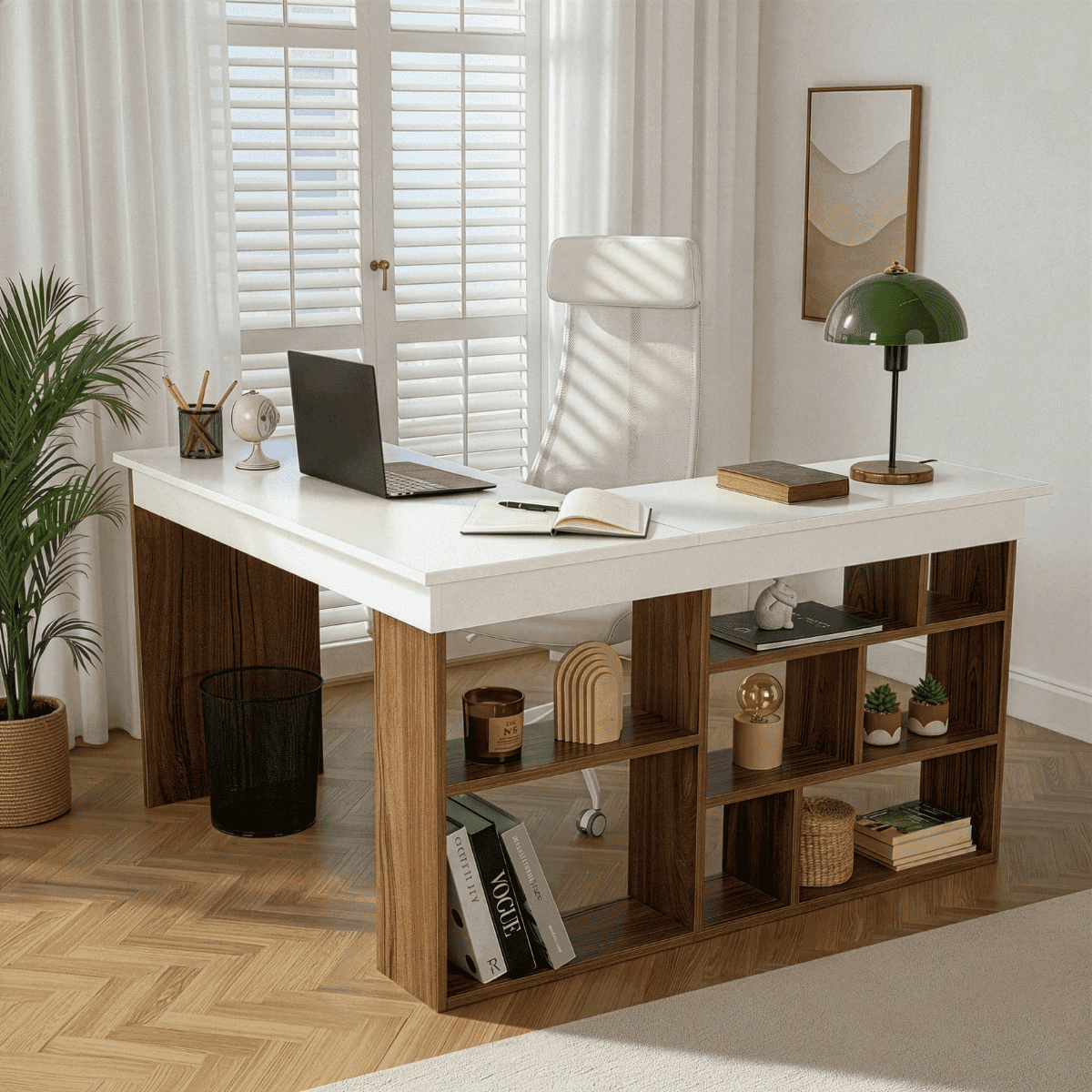 Bureau d'angle avec 8 niches de rangement ouvertes sur le cÎté L130 cm - ORGANIS - Calicosy