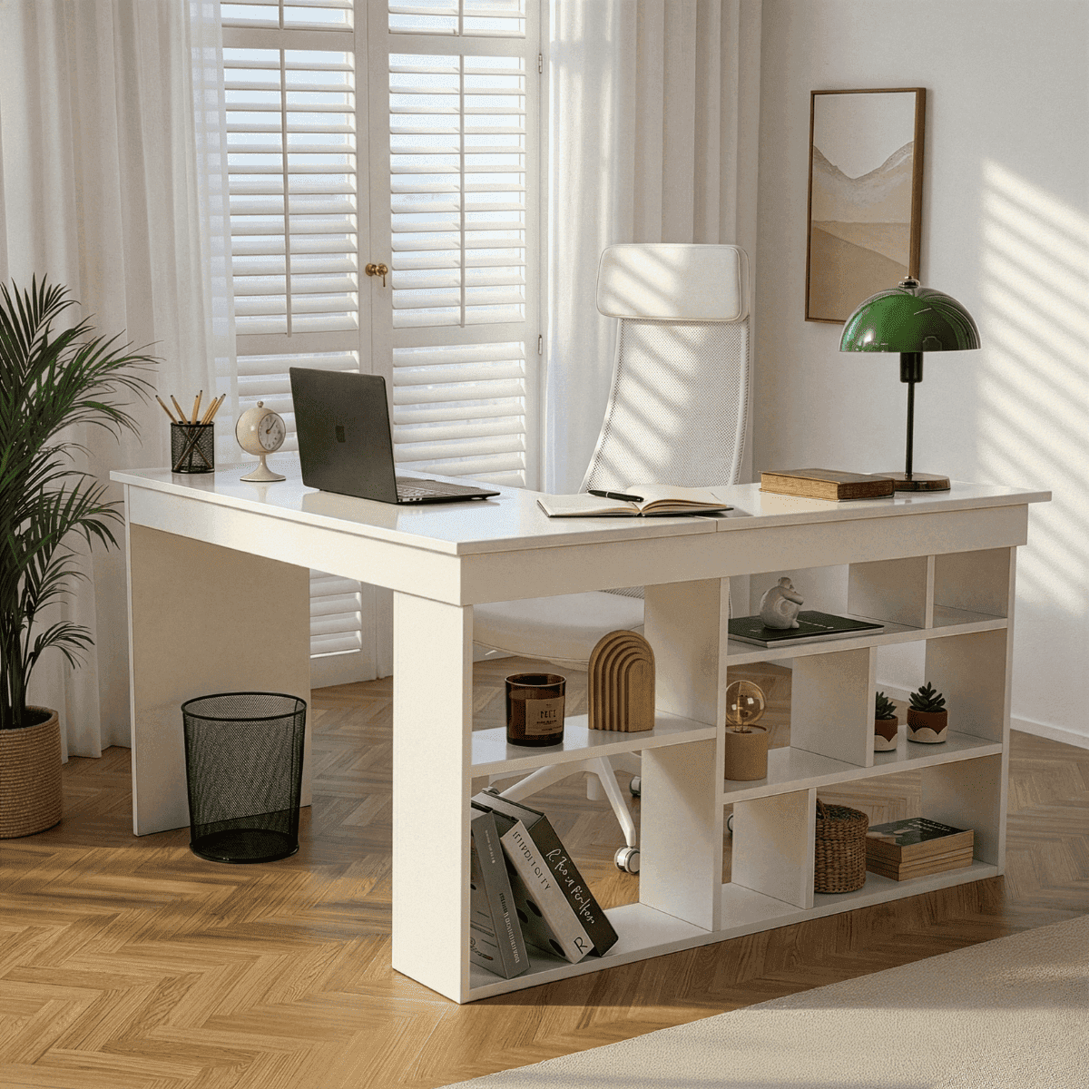 Bureau d'angle avec 8 niches de rangement ouvertes sur le cÎté L130 cm - ORGANIS - Calicosy