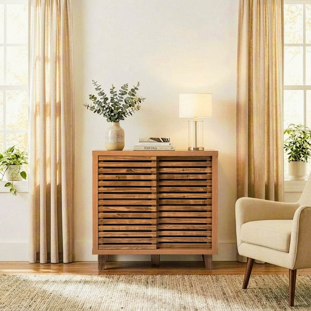 Buffet 2 portes coulissantes à lames ajourées L80 cm LIAM - Calicosy