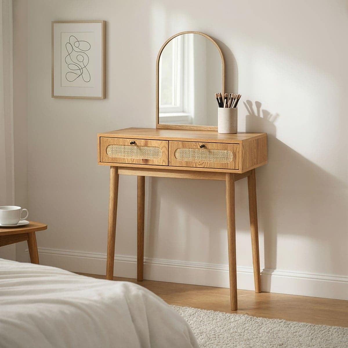 Coiffeuse avec miroir et 2 tiroirs façades rotin L80 cm ALIA - Calicosy