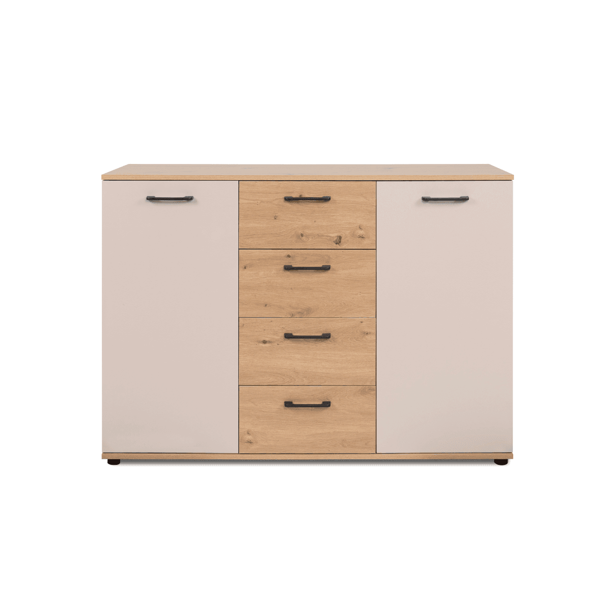 Buffet 2 portes, 4 tiroirs effet chĂȘne et cachemire L120 cm - LINO - Panneaux de particules - Calicosy