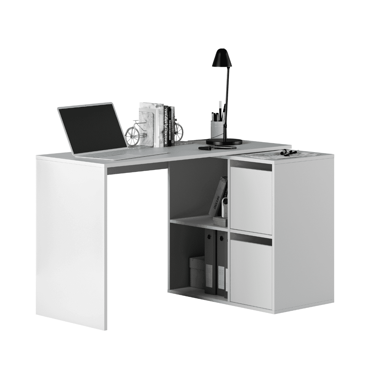 Bureau d'angle réversible 4 niches et 2 portes blanc L120 cm - VALEN - Panneaux de particules - Calicosy