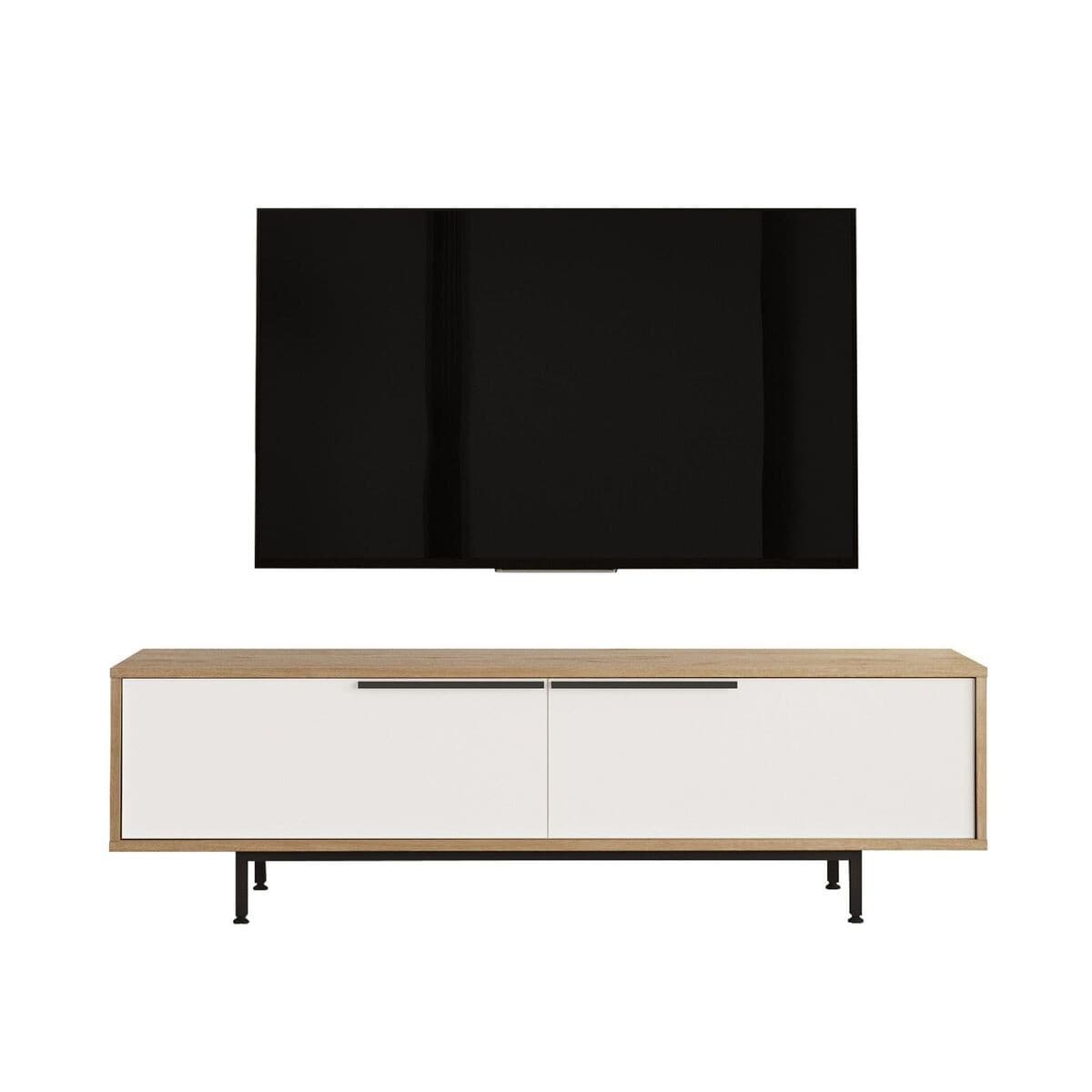 Meuble TV 2 abattants effet chĂȘne et blanc L160 cm - NAYA - Panneaux de particules - Calicosy