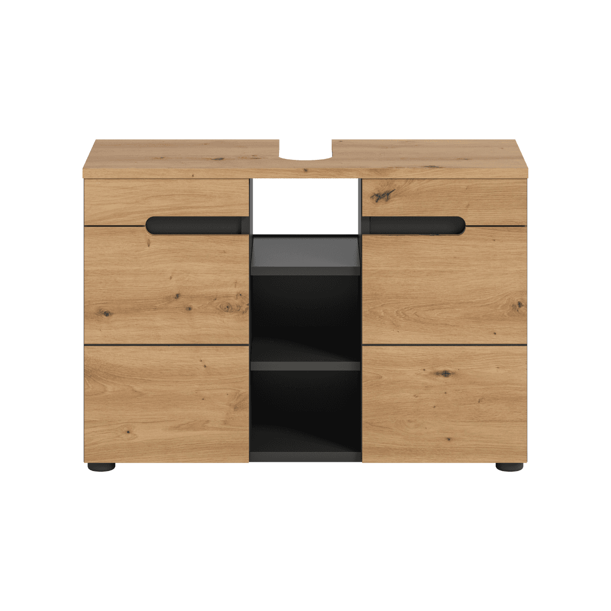 Meuble sous lavabo 2 portes 3 niches effet chĂȘne et gris L80 cm - ENO - Panneaux de particules - Calicosy